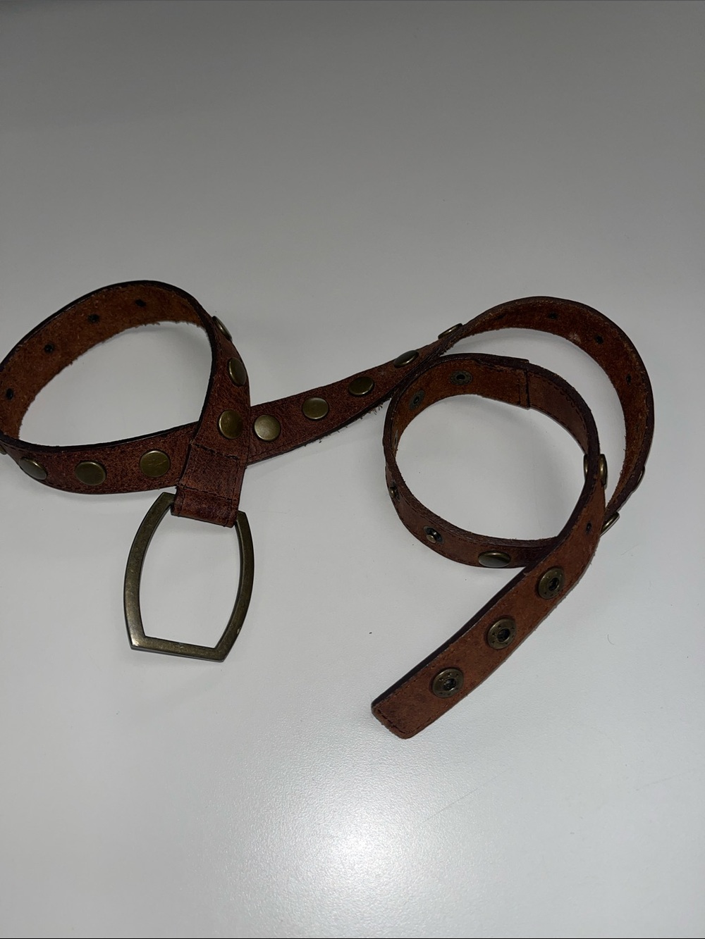 Source Unknown Brown Studded Leather Belt with Brass-Tone D-Ring